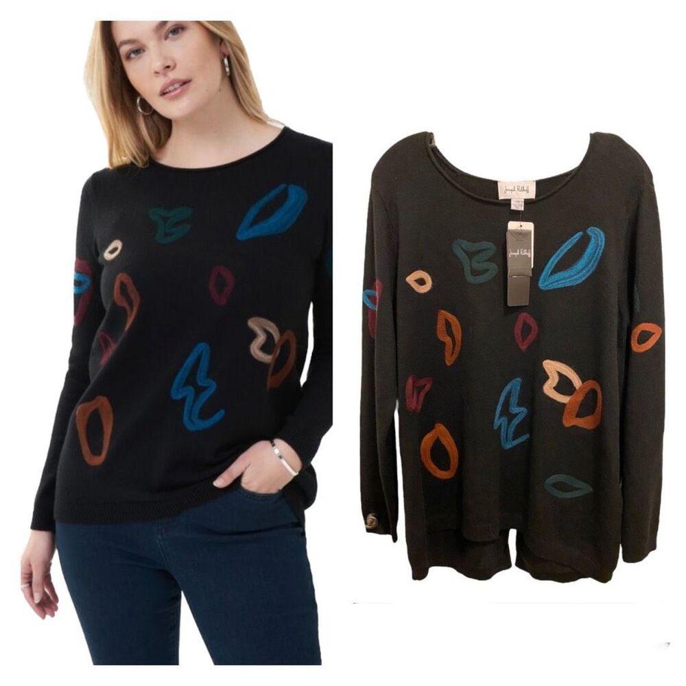 Joseph Ribkoff Black Sweater front Colorful Patchwork Sz L NWT